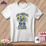 A white t-shirt features a blue and yellow ram graphic with text reading LOS ANGELES 99 STASH LEAGUE.