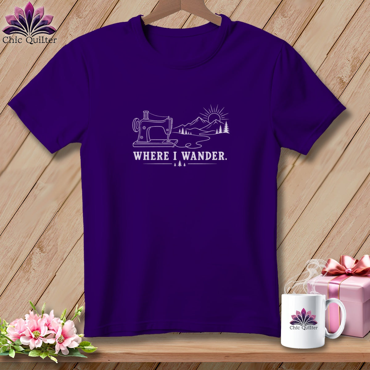 Purple t-shirt with "Where I Wander" and sewing machine graphic.