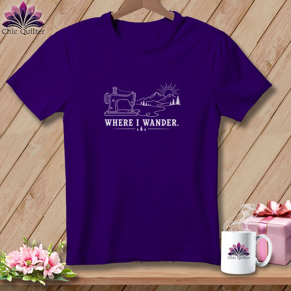 Purple t-shirt with "Where I Wander" and sewing machine graphic.