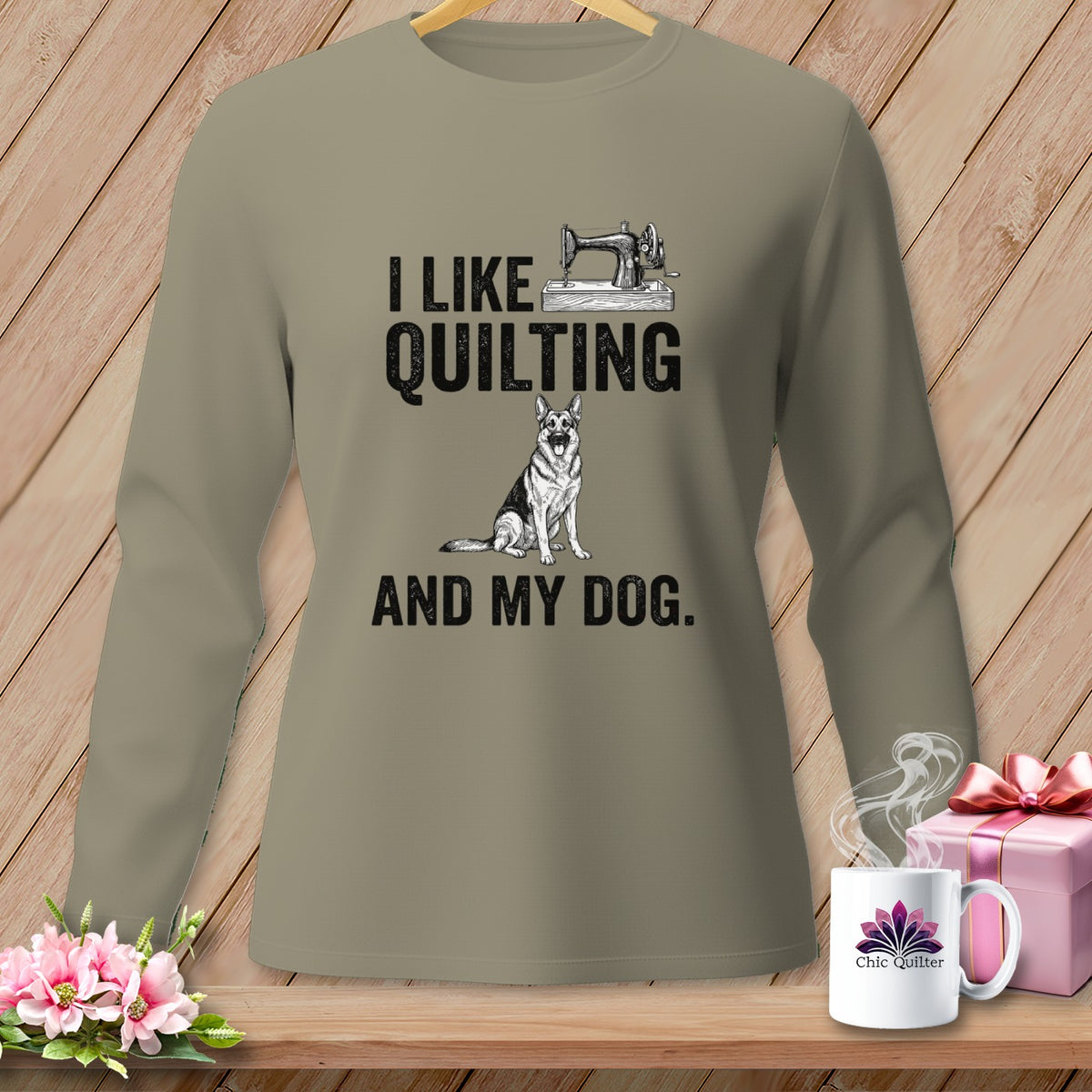 Long-sleeve shirt with "I Like Quilting And My Dog" text and dog illustration.