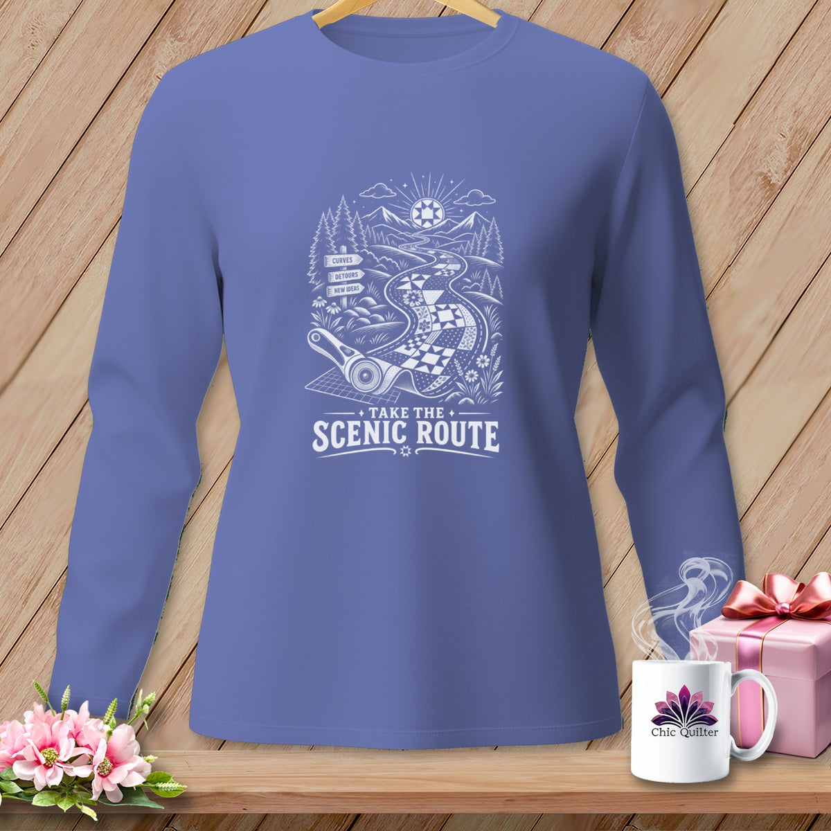 Long sleeve shirt with "Take the Scenic Route" graphic featuring a winding road and mountains.