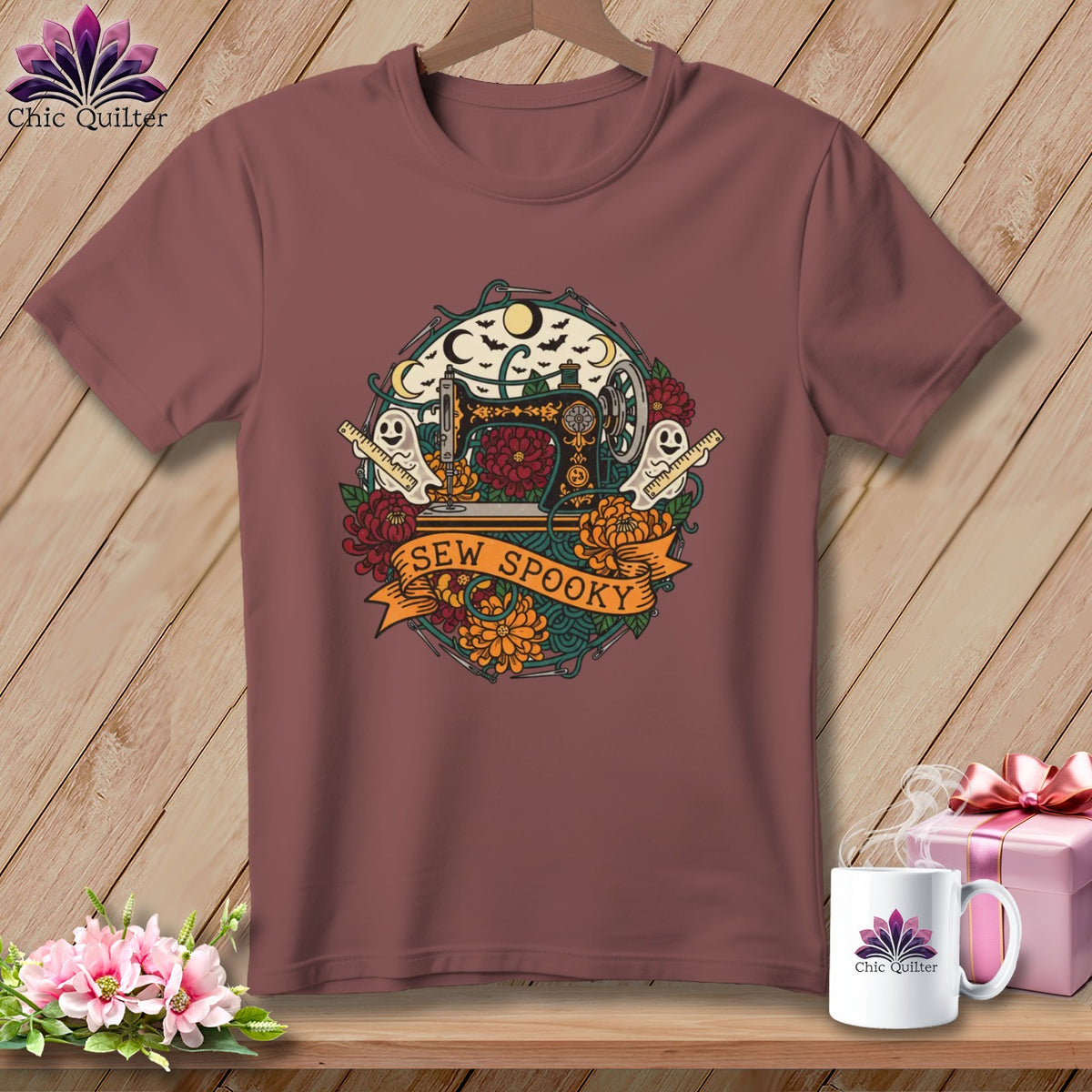 Brown t-shirt with Halloween sewing graphic reading "Sew Spooky".