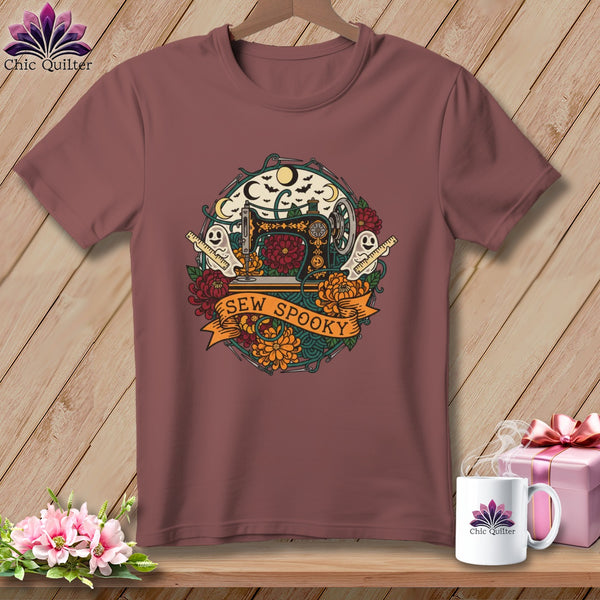Brown t-shirt with Halloween sewing graphic reading "Sew Spooky".
