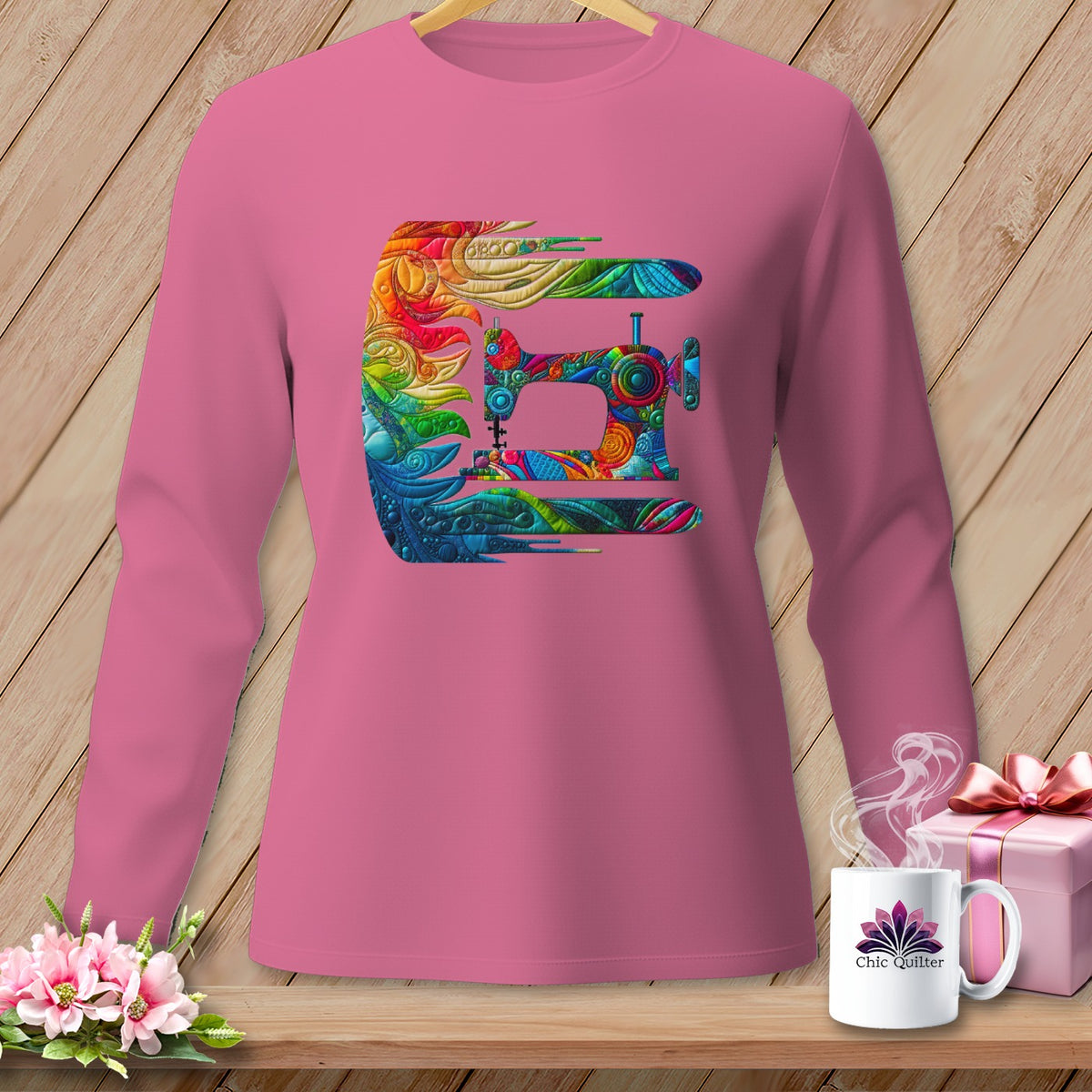 Pink long-sleeve shirt with a colorful sewing machine design and "Chic Quilter" logo.
