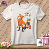 White t-shirt with two foxes, one with a quilted patch, and text saying 