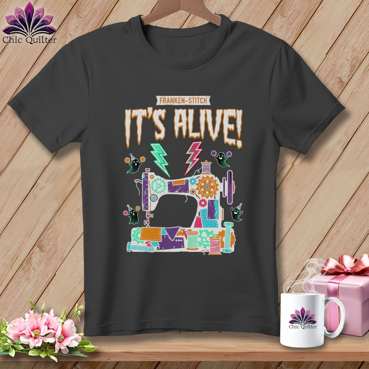 Franken-stitch "It's Alive!" t-shirt design with sewing machine and ghosts.