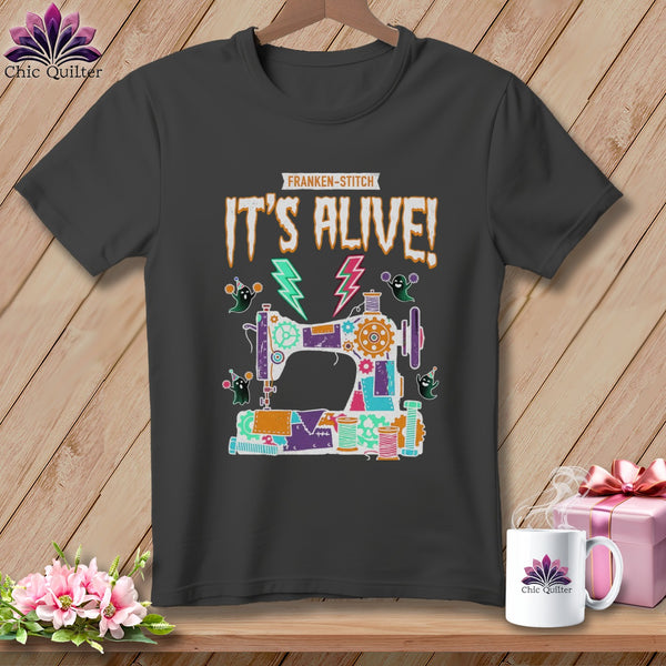 Franken-stitch "It's Alive!" t-shirt design with sewing machine and ghosts.