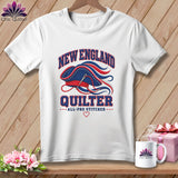 White t-shirt with a New England Quilter graphic featuring a tricorn hat, needle, and text.