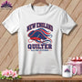 White t-shirt with a New England Quilter graphic featuring a tricorn hat, needle, and text.