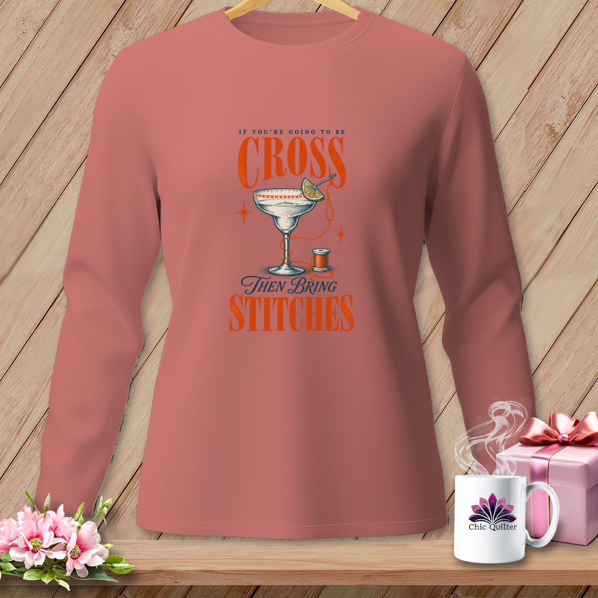 T-shirt with "If you're going to be cross, then bring stitches" graphic and margarita glass.