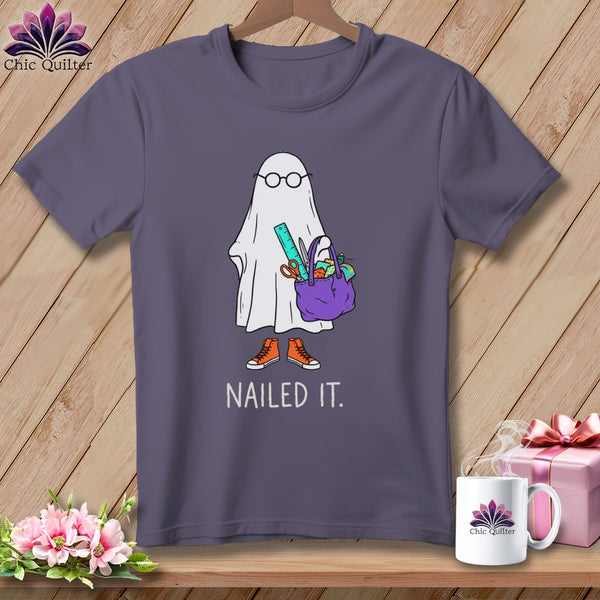 Ghost wearing glasses and carrying a tote bag with sewing supplies, text "NAILED IT."