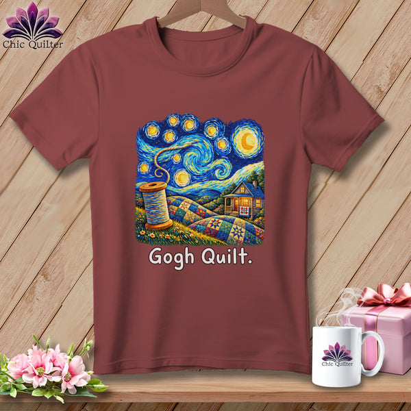 Maroon t-shirt with a "Gogh Quilt." design featuring a starry night sky and a spool of thread.