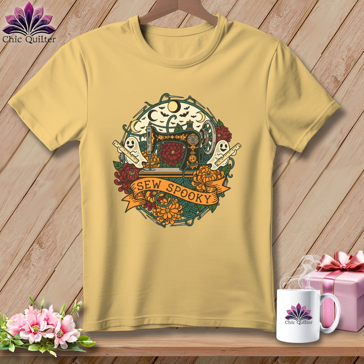Yellow t-shirt with "Sew Spooky" Halloween graphic featuring a sewing machine and ghosts.