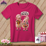 Two cartoon sheep with a speech bubble saying 