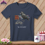 Dark blue t-shirt with a crow and quilting blocks graphic and text.