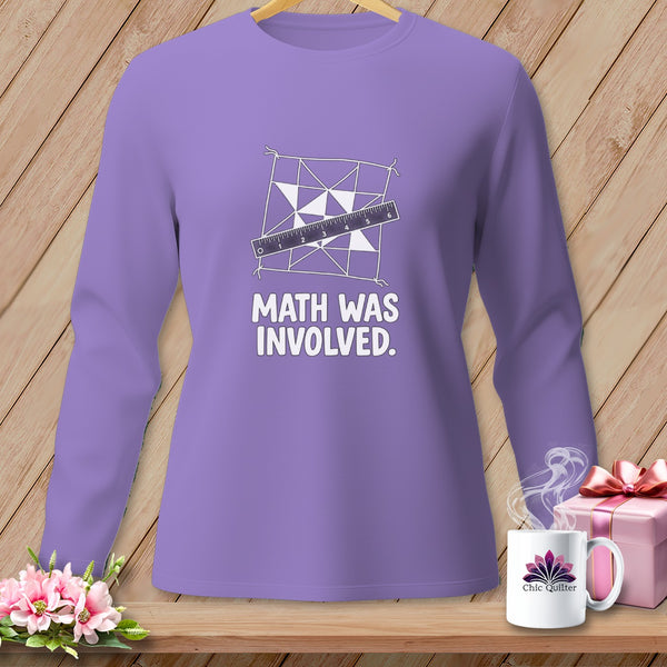 Purple long-sleeved shirt with "MATH WAS INVOLVED." text and geometric design.
