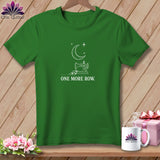 Green t-shirt with white line art of a sewing machine, moon, stars, and text 