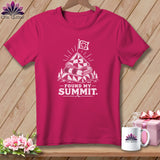 Pink t-shirt with a graphic of stacked quilts topped by a flag and the text 