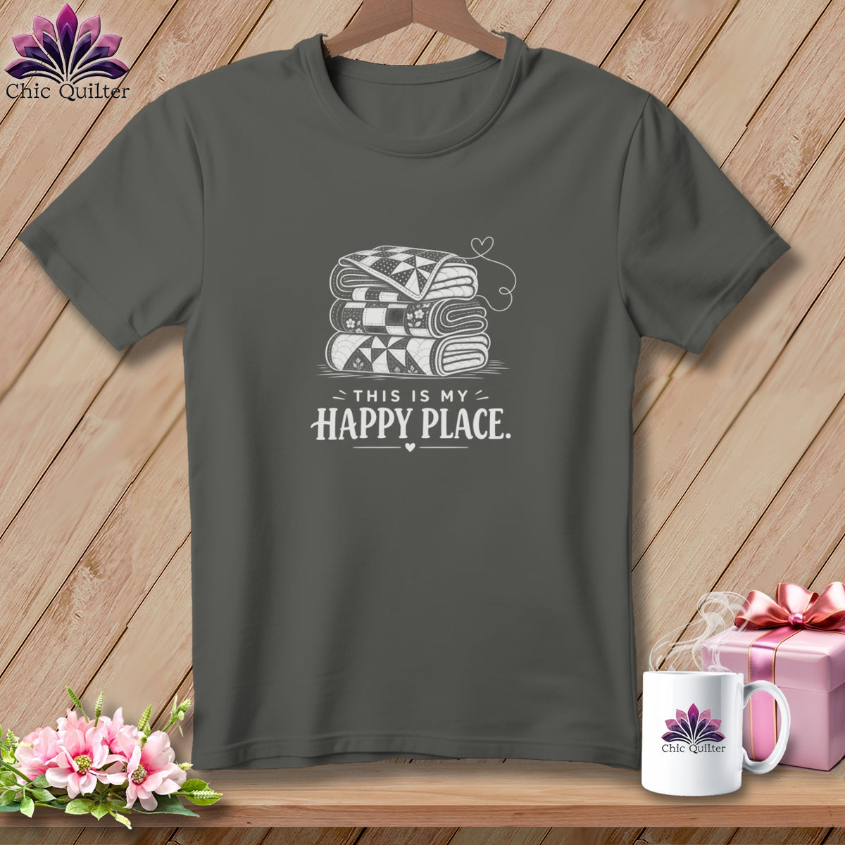 Gray t-shirt with stacked quilts and text "This is my happy place."