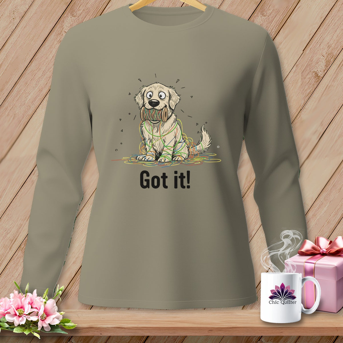 T-shirt with illustration of tangled dog and text "Got it!"