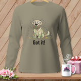 T-shirt with illustration of tangled dog and text 