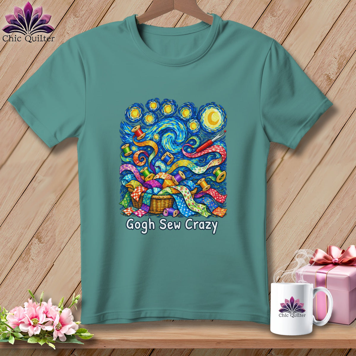 Teal t-shirt with "Gogh Sew Crazy" text and sewing supplies in Van Gogh style.