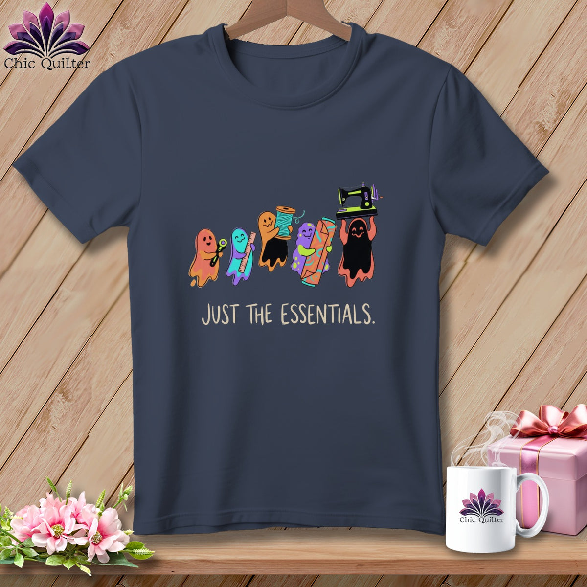 Ghost characters holding sewing items with text "JUST THE ESSENTIALS."