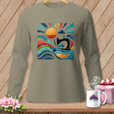 Gray long-sleeve shirt with a colorful sun, waves, and sewing machine graphic.