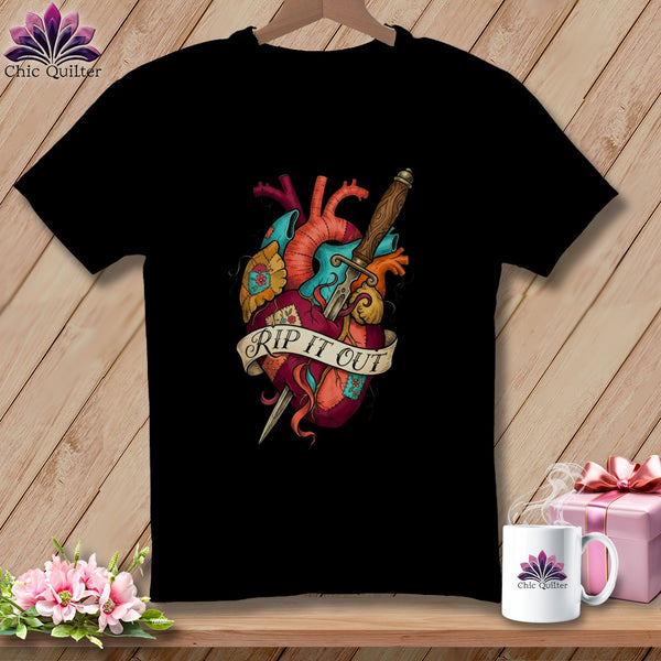 Black t-shirt with anatomical heart design and "RIP IT OUT" banner.