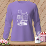 Purple long-sleeve shirt with sewing machine graphic and 