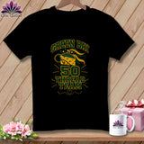 A black short-sleeved t-shirt with a Green Bay 50 Thread Team graphic on the chest.