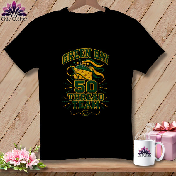 A black short-sleeved t-shirt with a Green Bay 50 Thread Team graphic on the chest.