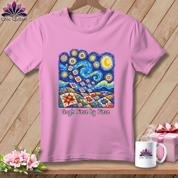 Pink t-shirt with Van Gogh starry night quilt design and "Gogh Piece by Piece" text.