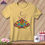 Yellow t-shirt with a colorful quilt-patterned moth graphic and sewing details.