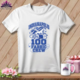 A white crewneck t-shirt with blue graphic text reading Indianapolis 100 Fabric Crew featuring a prancing horse and spool of thread.