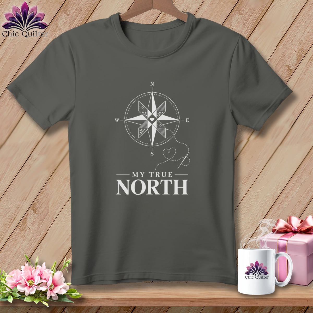 Grey t-shirt with white compass graphic and text "MY TRUE NORTH".