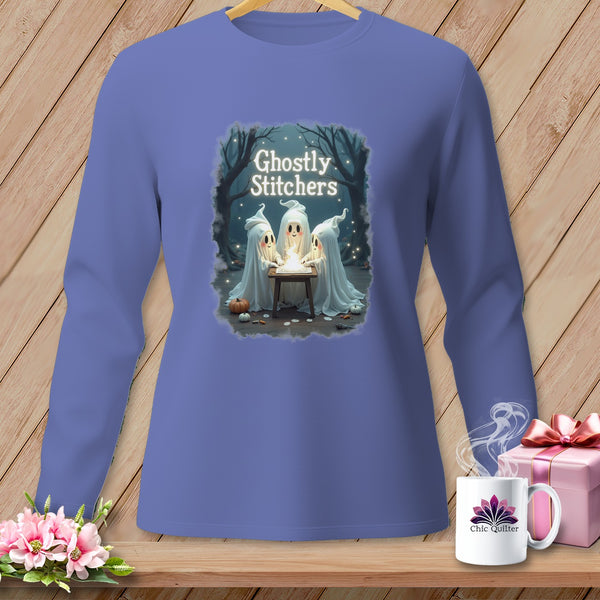 Long-sleeved shirt with "Ghostly Stitchers" graphic of three ghosts at a table.