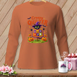 Orange long-sleeve shirt with Halloween graphic of black cat and 