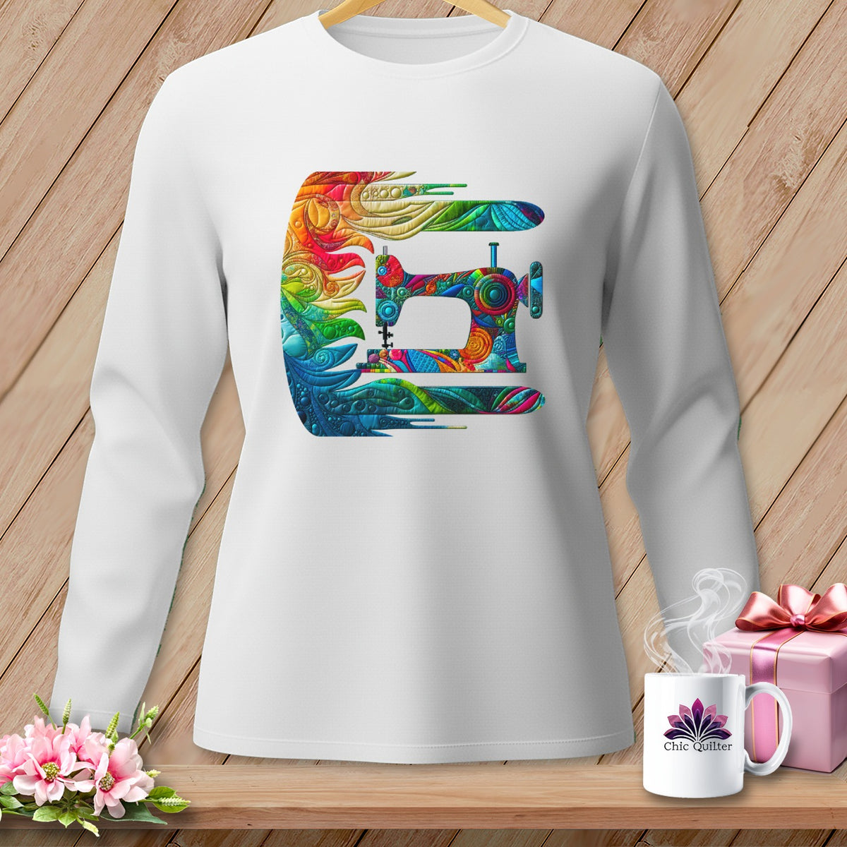White long-sleeve shirt with a colorful abstract sewing machine design.