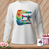 White long-sleeve shirt with a colorful abstract sewing machine design.