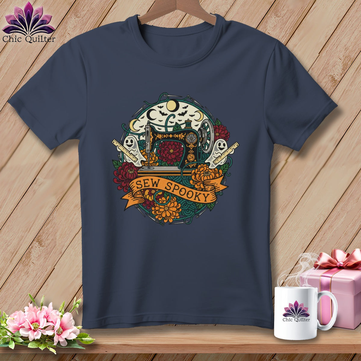 Dark blue t-shirt with "SEW SPOOKY" text and vintage sewing machine Halloween graphic.
