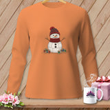 Orange long-sleeve shirt with a quilted snowman graphic and spools of thread.