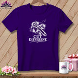 Purple t-shirt with rotary cutter, quilt squares, and 