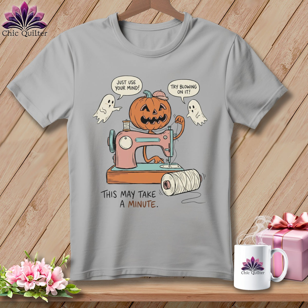Jack-o'-lantern using sewing machine with ghosts. "Just use your mind!"