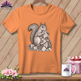 Orange crewneck t-shirt featuring a black and white sketch of a squirrel holding fabric scraps.
