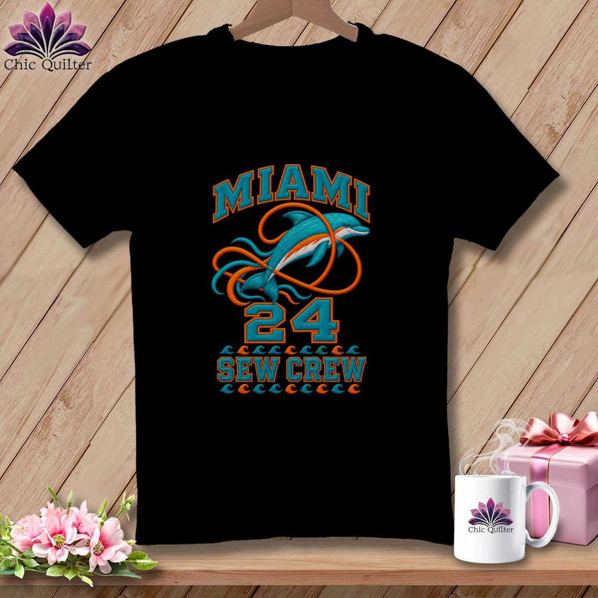 Black t-shirt featuring a Miami Sew Crew graphic with a dolphin and the number 24.