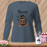 Black cat wrapped in fabric with text 