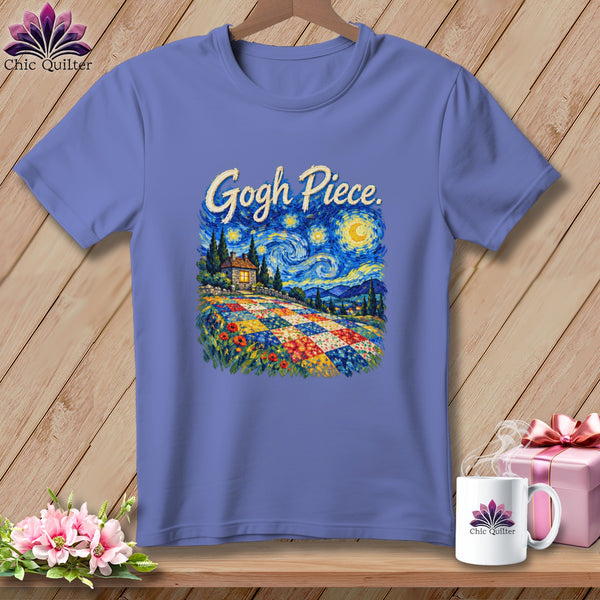 Periwinkle t-shirt featuring a Starry Night parody graphic with the text Gogh Piece above a patchwork field.