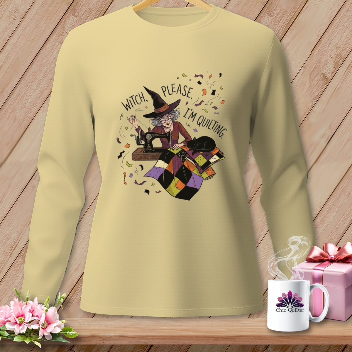 Illustration of a witch sewing a quilt with a black cat and confetti.