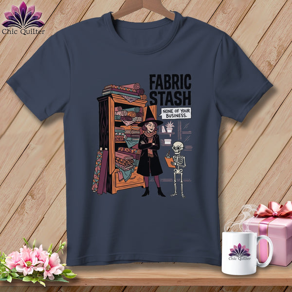 Witch with fabric stash and skeleton, "Fabric Stash None of Your Business" text.